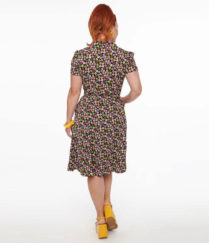 1950s Black & Multicolor Flower Print Fit & Flare Dress