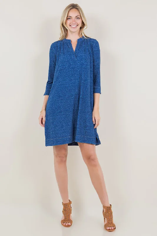 3/4 SLEEVE SPLIT PINTUCK 1/2 PLACKET POPOVER DRESS - D3607-92795