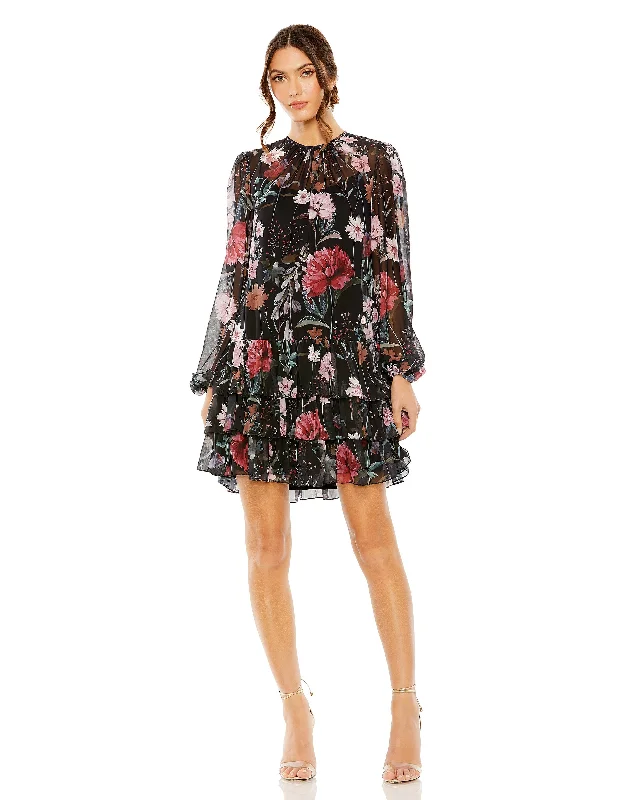 Floral Print High Neck Ruffle Hem Mini Dress