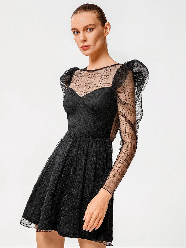 KittenAlarm - Women Fashion See Through sexy butterfly dot embroidery lace dress short skirt Gigot sleeve dress