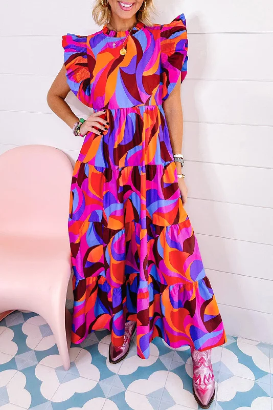 Abstract Printed Ruffle Tiered Maxi Dress