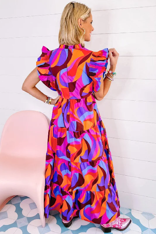 Abstract Printed Ruffle Tiered Maxi Dress