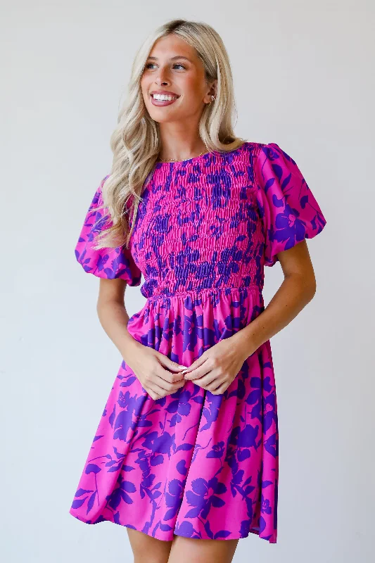 FINAL SALE - Fancy Sweetness Magenta Floral Puff Sleeve Mini Dress