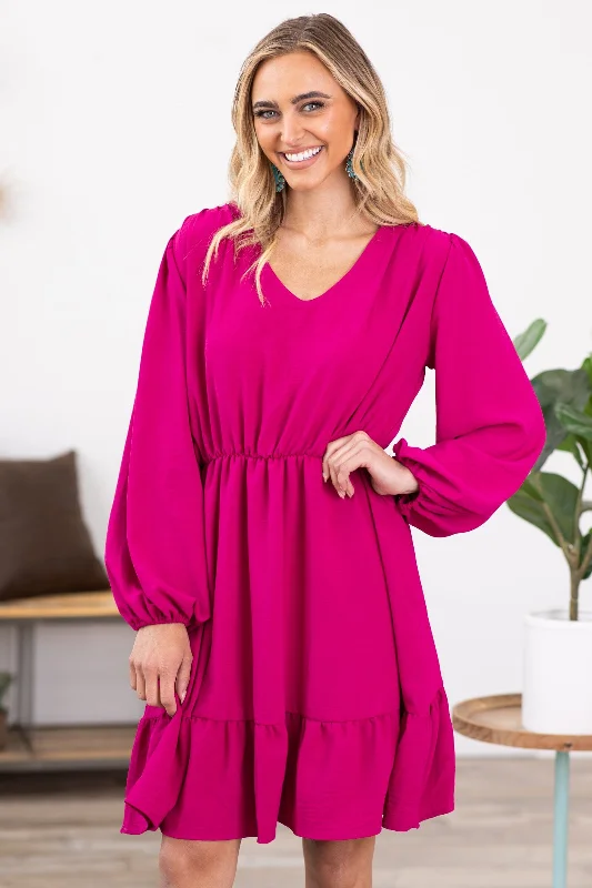 Fuchsia Long Sleeve Elastic Waist Dress