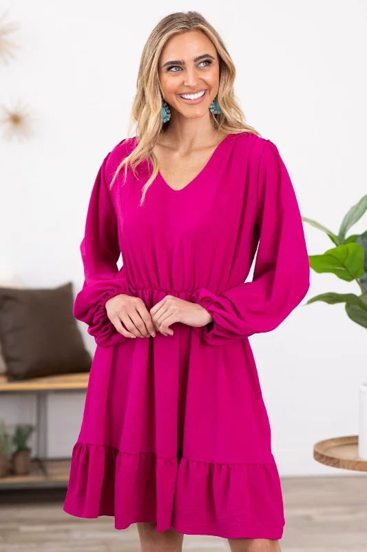 Fuchsia Long Sleeve Elastic Waist Dress