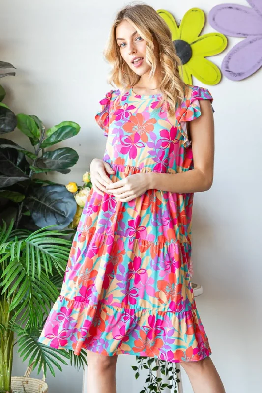 Full Size Floral Cap Sleeve Tiered Dress