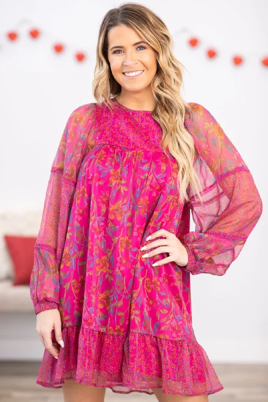 Hot Pink Multicolor Floral Long Sleeve Dress