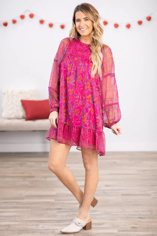 Hot Pink Multicolor Floral Long Sleeve Dress