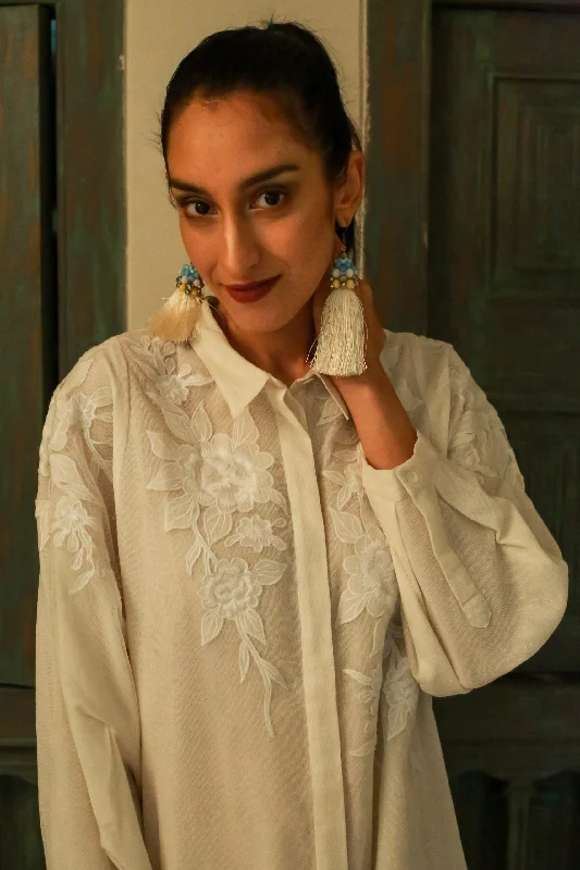 Stunning Embroidered Ivory White Patchwork Shirt Dress