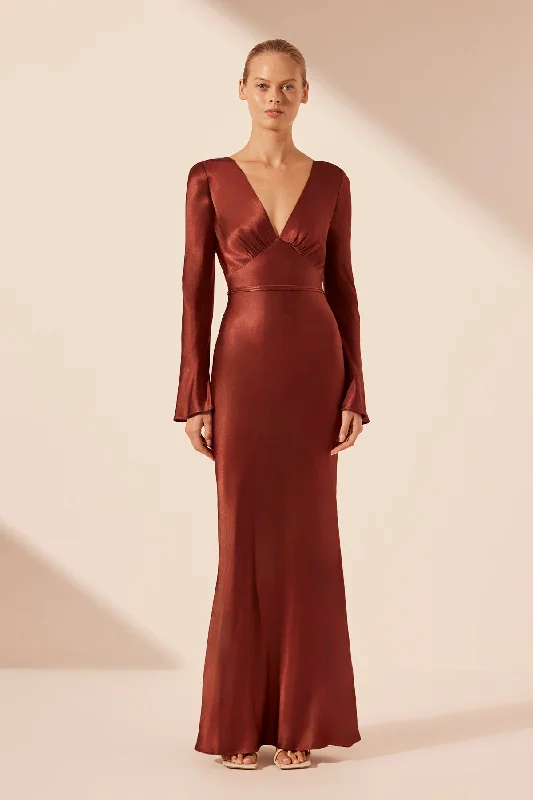 LINO OPEN BACK TIE MAXI DRESS - MAHOGANY