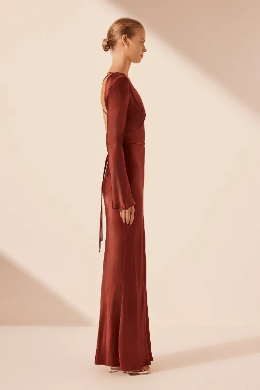 LINO OPEN BACK TIE MAXI DRESS - MAHOGANY