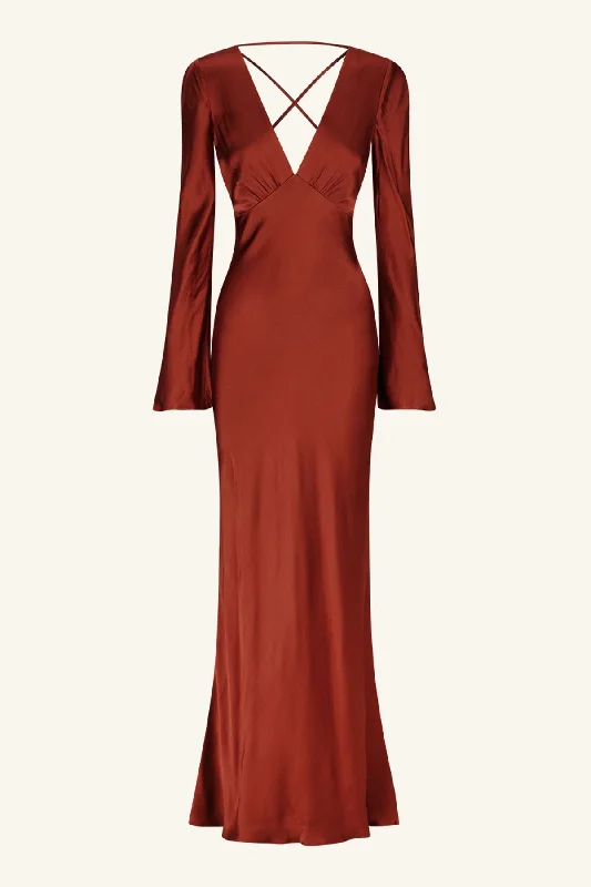 LINO OPEN BACK TIE MAXI DRESS - MAHOGANY