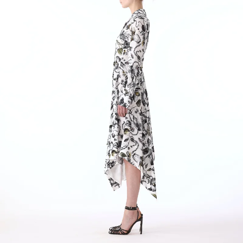 MARINE PRINT ASYMMETRIC L/S SILK CDC DRESS