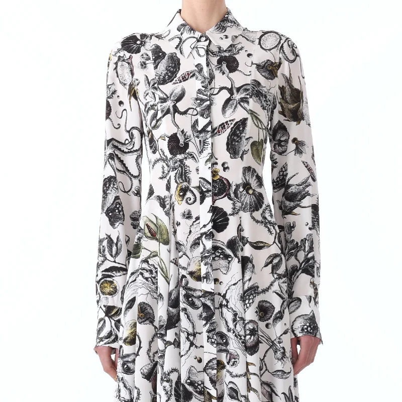 MARINE PRINT ASYMMETRIC L/S SILK CDC DRESS