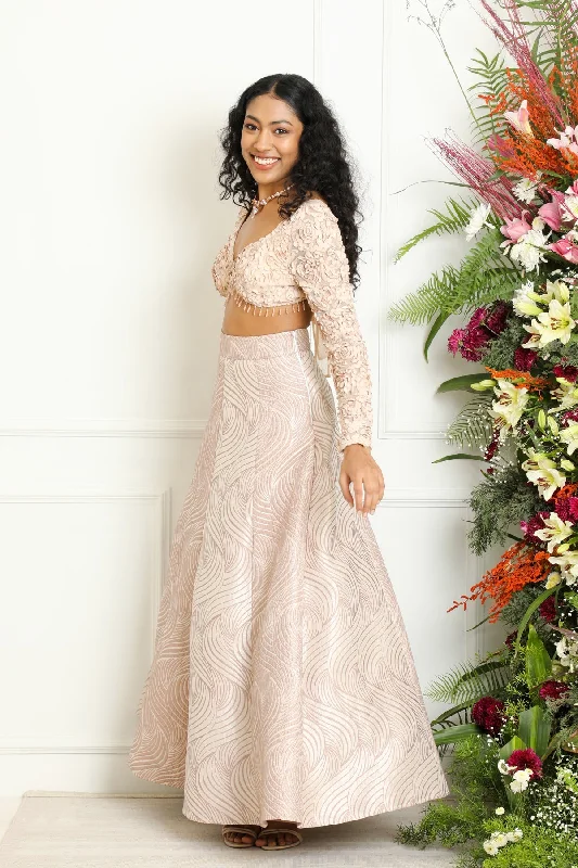 Mina and Idika Rose Gold Silk Jacquard Kali Lehenga Set