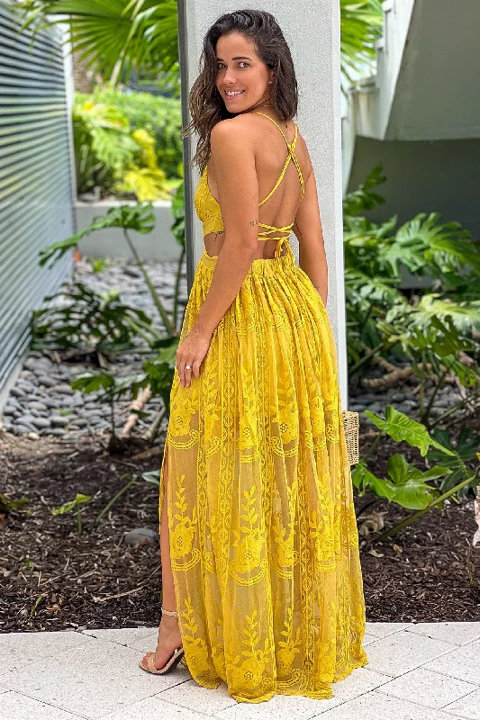 Mustard Lace Maxi Dress with Cut Out