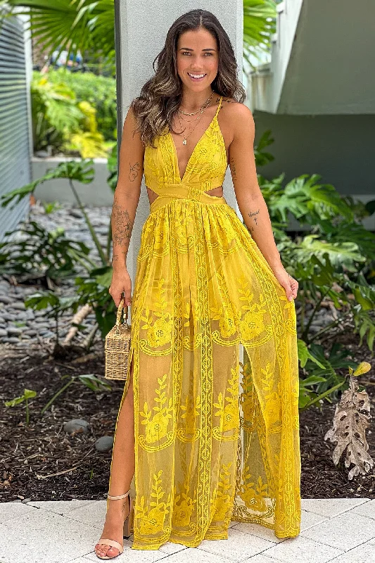 Mustard Lace Maxi Dress with Cut Out