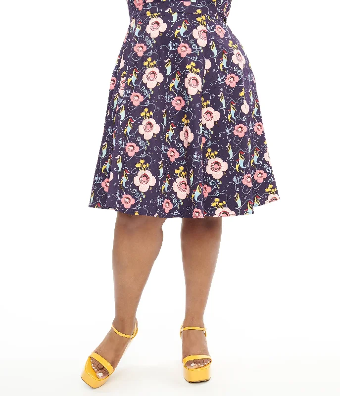 Plus Size 1950s Dark Blue Carnivorous Plants Print Flare Skirt