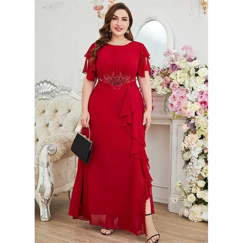 Plus Size Chiffon Ruffles Short Sleeve Maxi Evening Dress