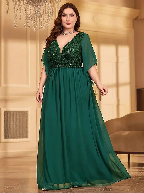 Plus Size Chiffon V-Neck Sequined Short Sleeve Evening Dress