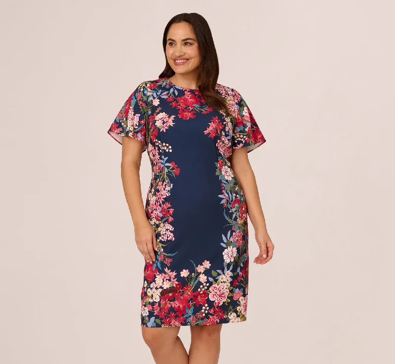 Plus Size Floral Print Twill Sheath Dress With Flutter Short Sleeves In Navy Multi