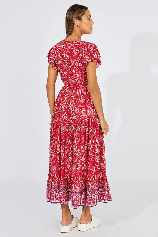 Red Boho Maxi Dress Short Sleeve