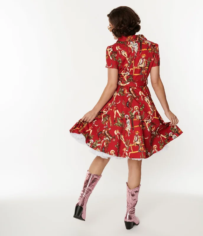 Red & Cowgirl Print Swing Shirt Dress