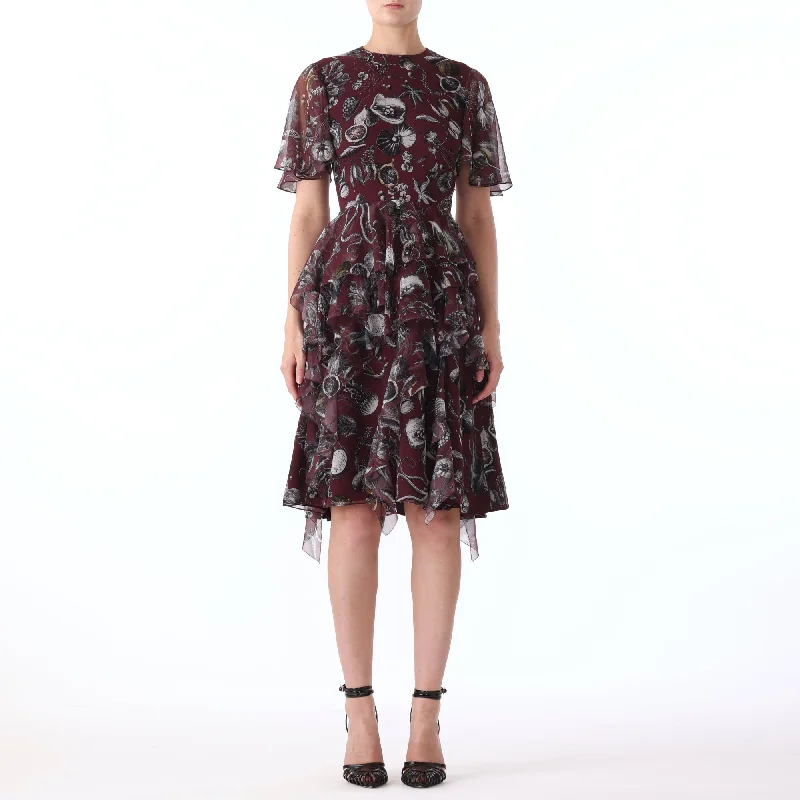 S/S MARINE PRINT CHIFFON DAY DRESS WITH RUFFLE DETAIL