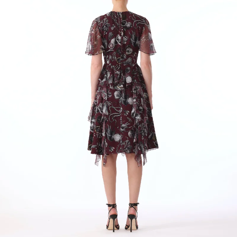 S/S MARINE PRINT CHIFFON DAY DRESS WITH RUFFLE DETAIL