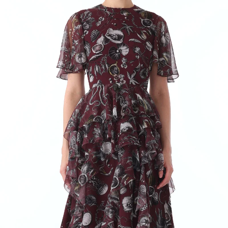 S/S MARINE PRINT CHIFFON DAY DRESS WITH RUFFLE DETAIL