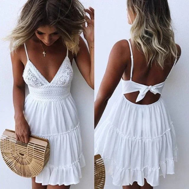 Amy Fashion - Sexy Lace Spaghetti Strap White Dress