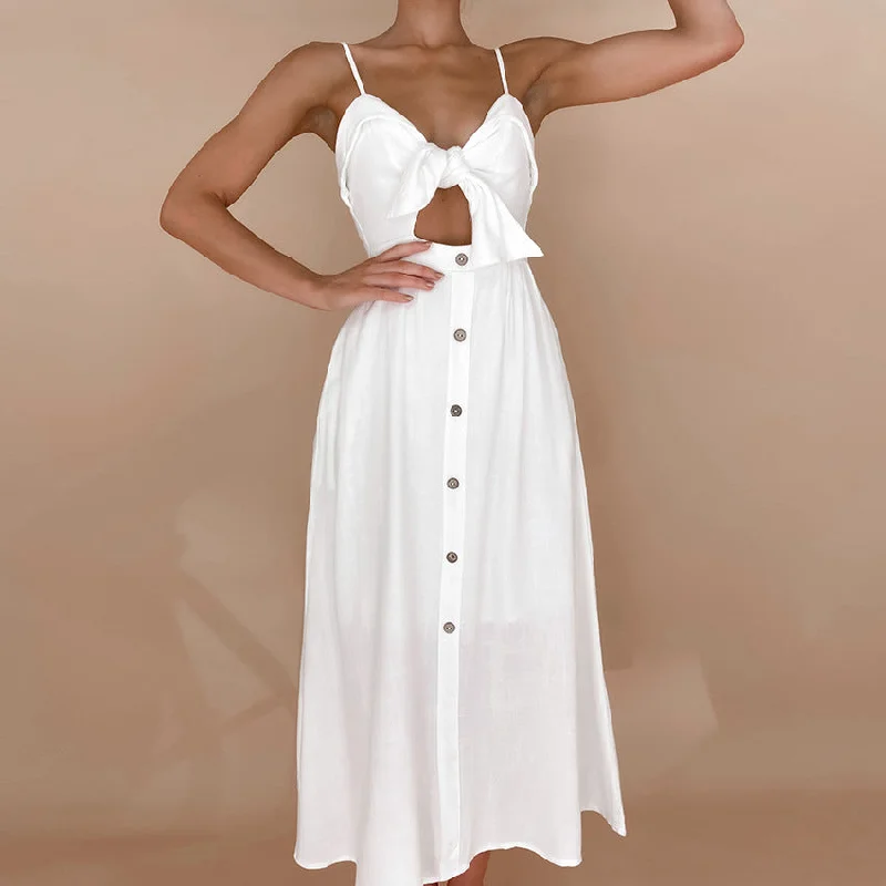 Sexy White Lace Suspender Dress with Pure Cotton A-Line Skirt and Hollow Backless Detail