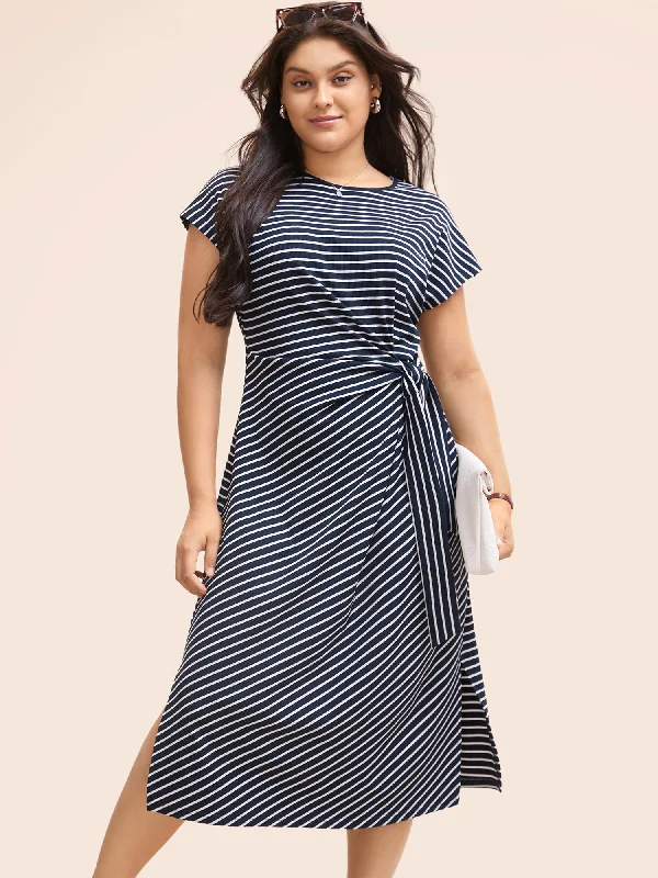 Striped Split Side Cap Sleeve Midi Dress