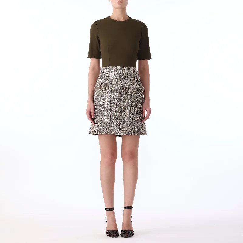 TEXTURE TWEED JERSEY COMBO SHORT SLEEVE DAY DRESS