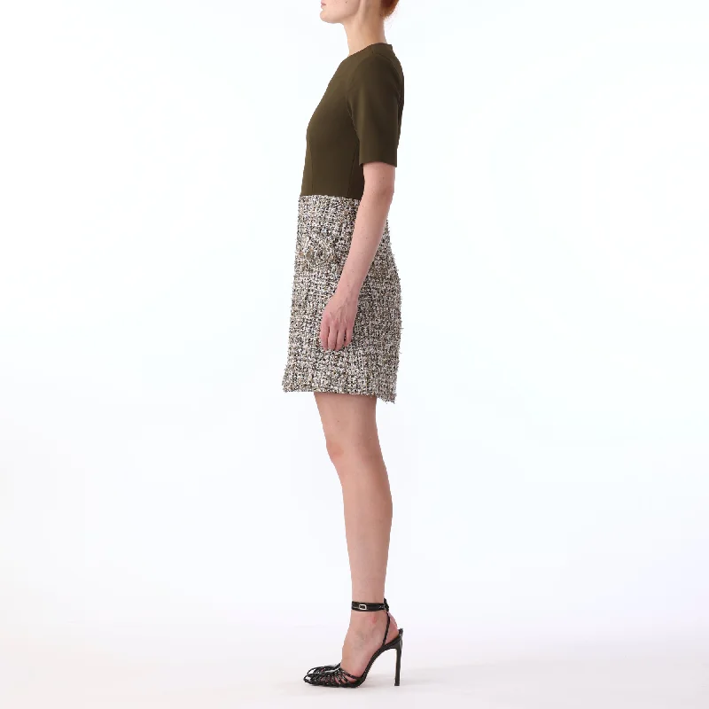 TEXTURE TWEED JERSEY COMBO SHORT SLEEVE DAY DRESS