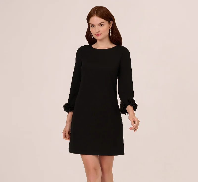 Three Quarter Sleeve Shift Dress With Floral Embellished Cuffs In Black