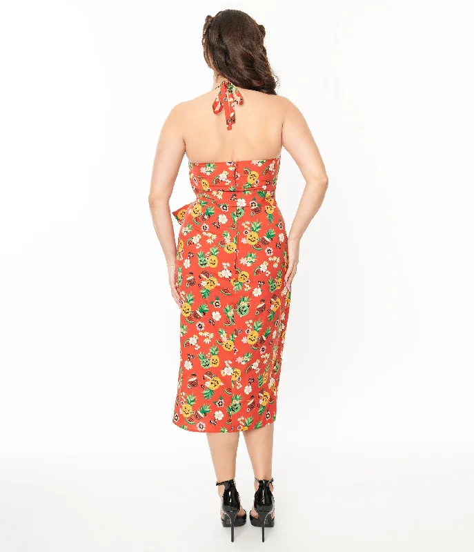 Unique Vintage 1950s Rust & June-O-Ween Fruit Print Leilani Sarong Dress