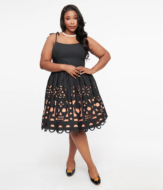 Unique Vintage Plus Size 1950s Black & Orange Dia De Los Muertos Cutout Bobbie Swing Dress