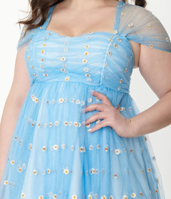 Unique Vintage Plus Size Blue & Embroidered Daisy Heart & Soul Babydoll Dress