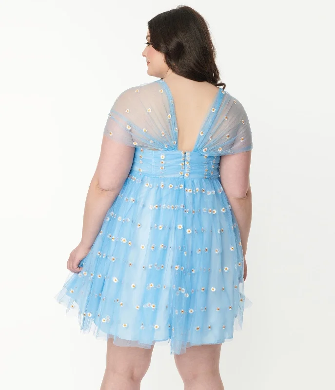 Unique Vintage Plus Size Blue & Embroidered Daisy Heart & Soul Babydoll Dress