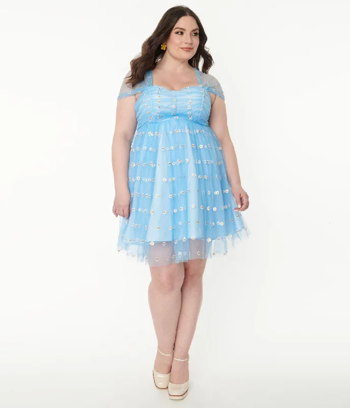 Unique Vintage Plus Size Blue & Embroidered Daisy Heart & Soul Babydoll Dress