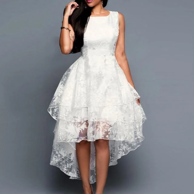 Amy Fashion - White Sleeveless O Neck Lace Dress