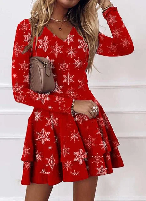 Amy Fashion - Long Sleeve V-neck Snowflake Print Dresses