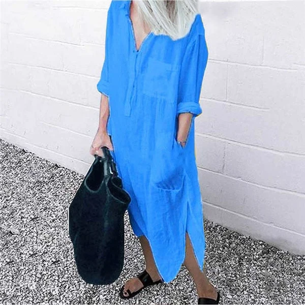 Amy Fashion - Solid Long Sleeve Side Split Long Dress