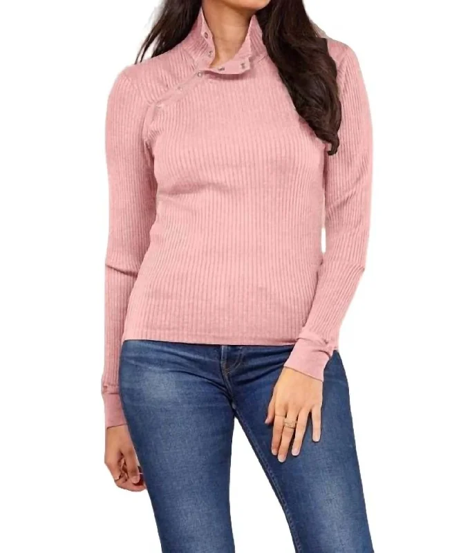 Andre Long Sleeve Snap Turtleneck Top In Pink Quartz