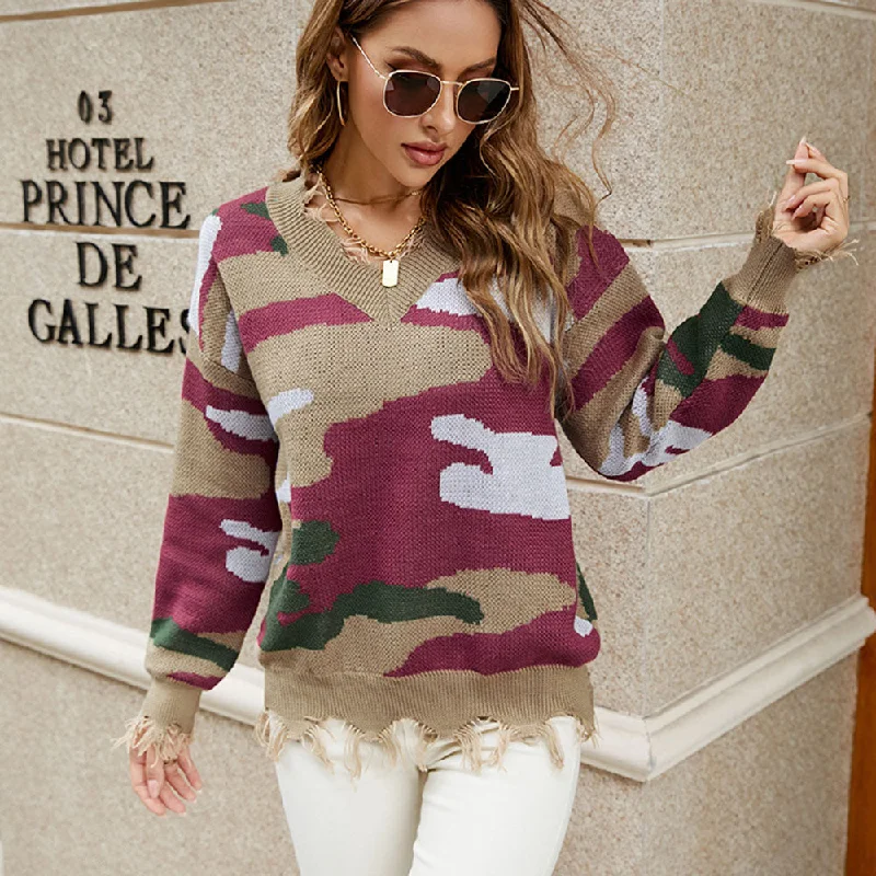 Autumn Casual V Neck Camouflage Color Cut Apart Pullover Sweatshirt Knit Tops Women Simple Streetwear Sweater For Ladies Clothes