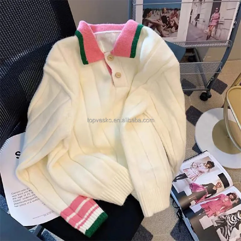 Autumn New Arrivals Pink Green Patchwork Europe America Casual Sweet Lapel Womens Long Sleeve Loose POLO Knit Shirt Sweater