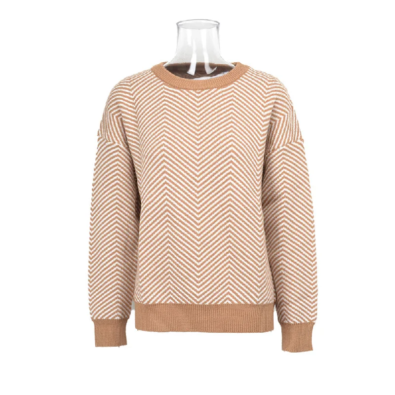 Autumn Winter Casual Wavy Grain Round Collar Patchwork Pullover Knitting Tops Women Sweater