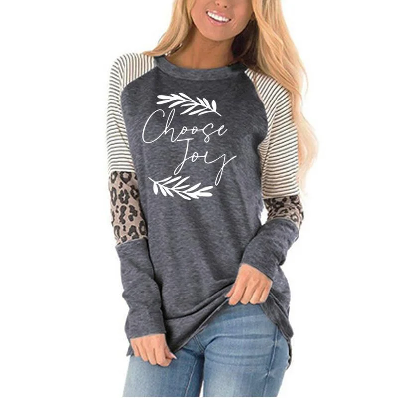 Autumn Winter Leopard stitching long sleeves high quality hotsell women loose casual blouse oversized Women's T-Shirts