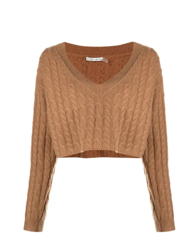 Ayden V-Neck Cable Knit Pullover Cropped Top Sweater In Camel